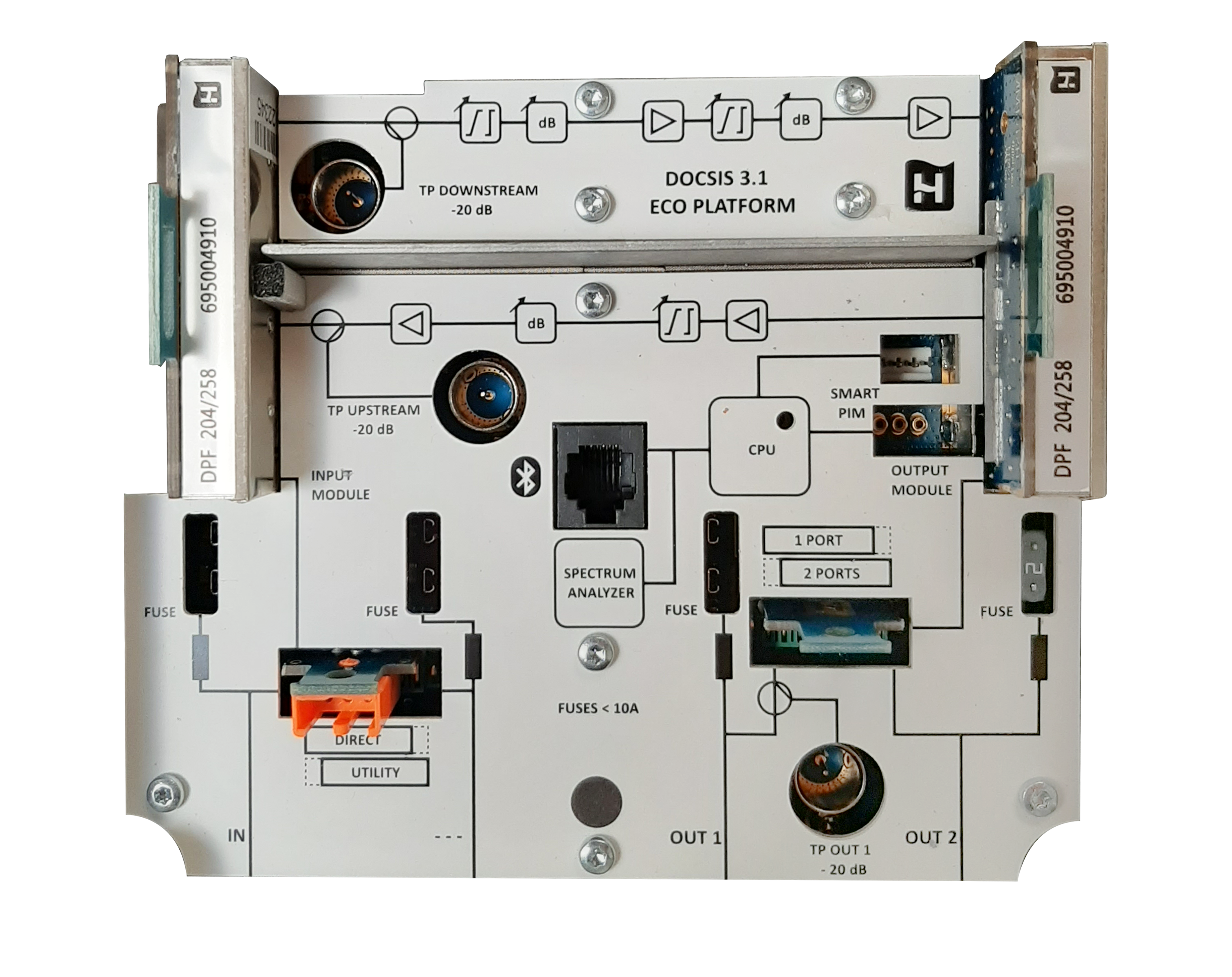 Vahvistinpaketti G:2 x 43dB, Kaukosyötetty 25-65 VAC, 85/258-1218MHz, 50dB CINR@ 2 x 105dBuV (1x109dBuV) 