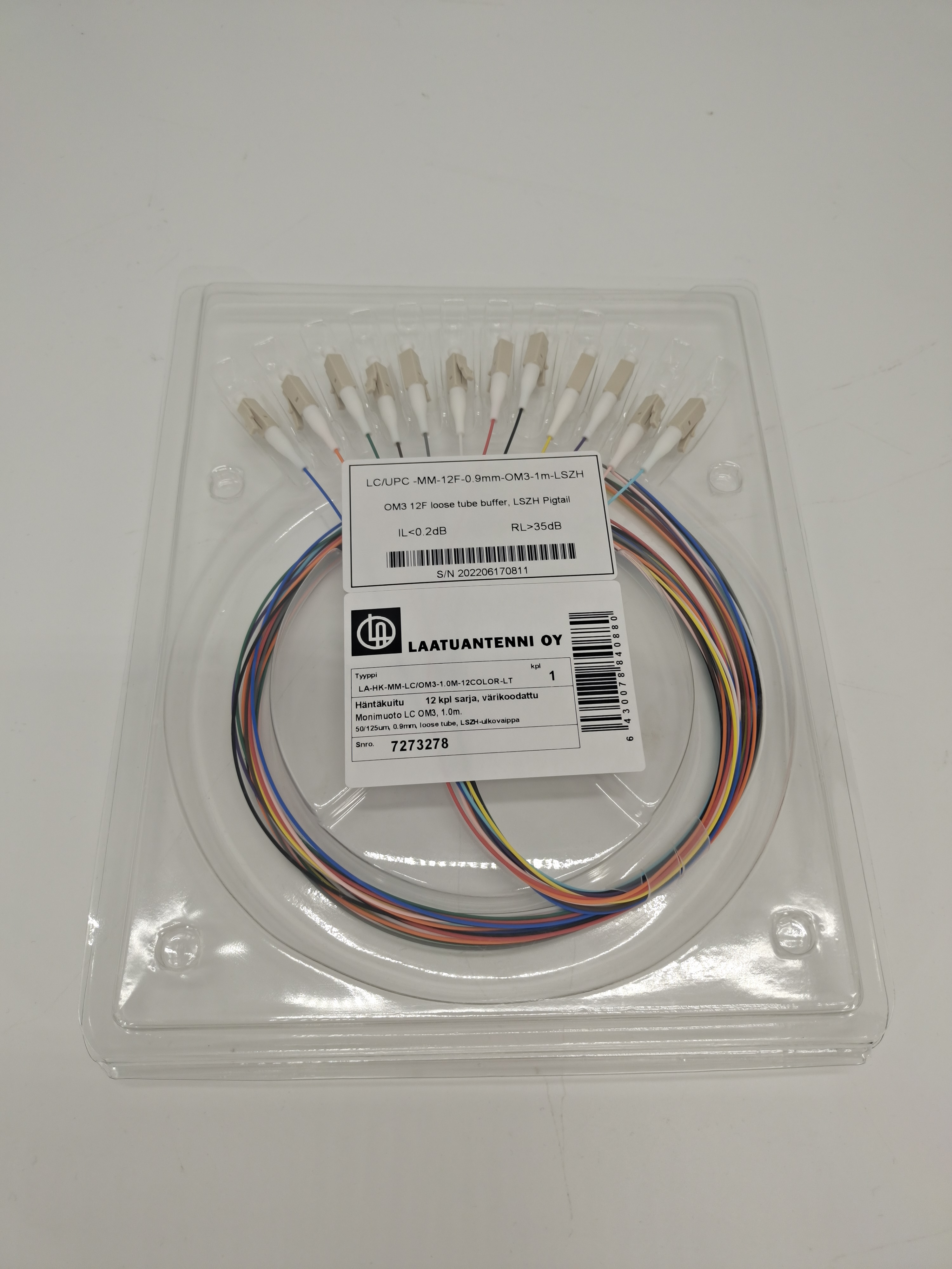Häntäkuitu(MM)LC/OM3, 50/125um,0.9mm,1m,loose tube buffer, 12 x värikoodattu