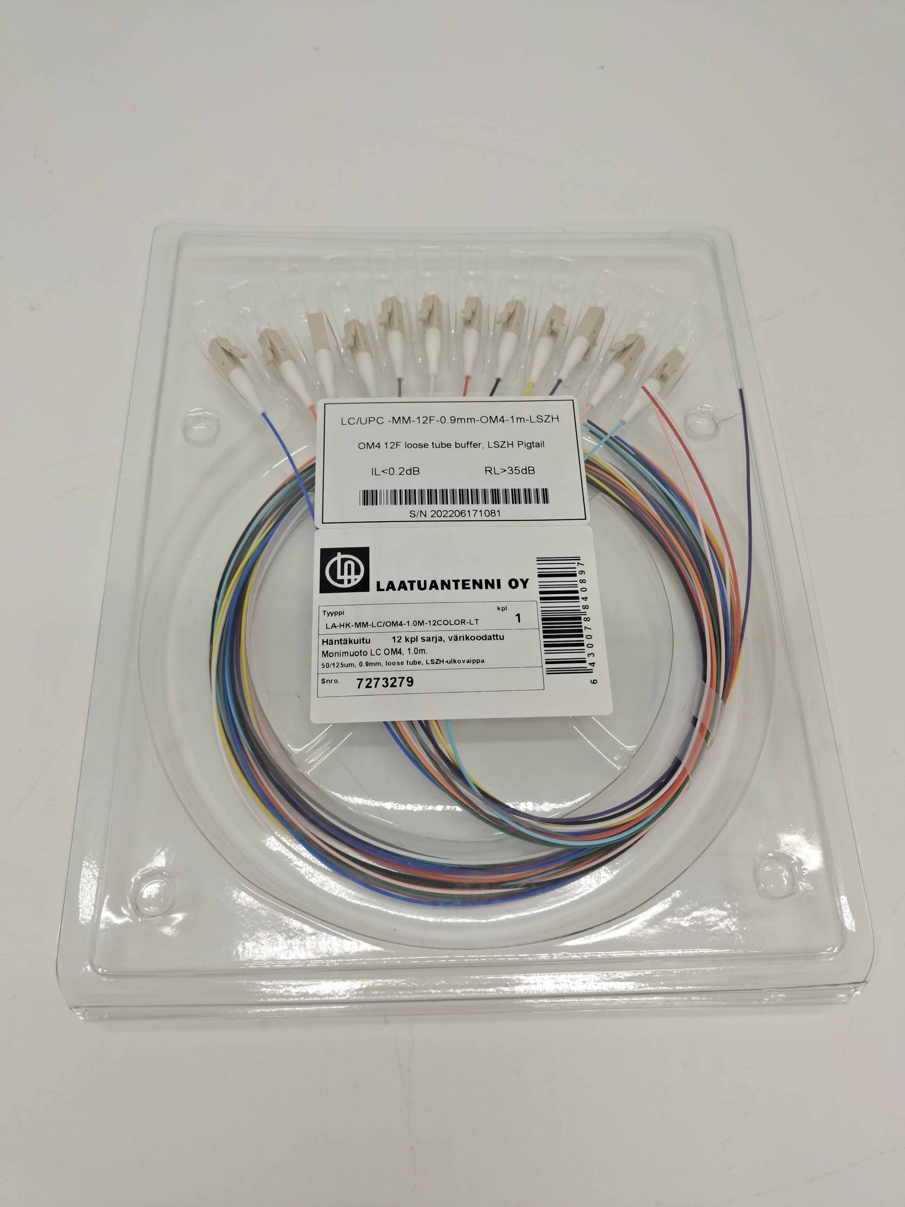 Häntäkuitu(MM)LC/OM4, 50/125um,0.9mm,1m,loose tube buffer, 12 x värikoodattu