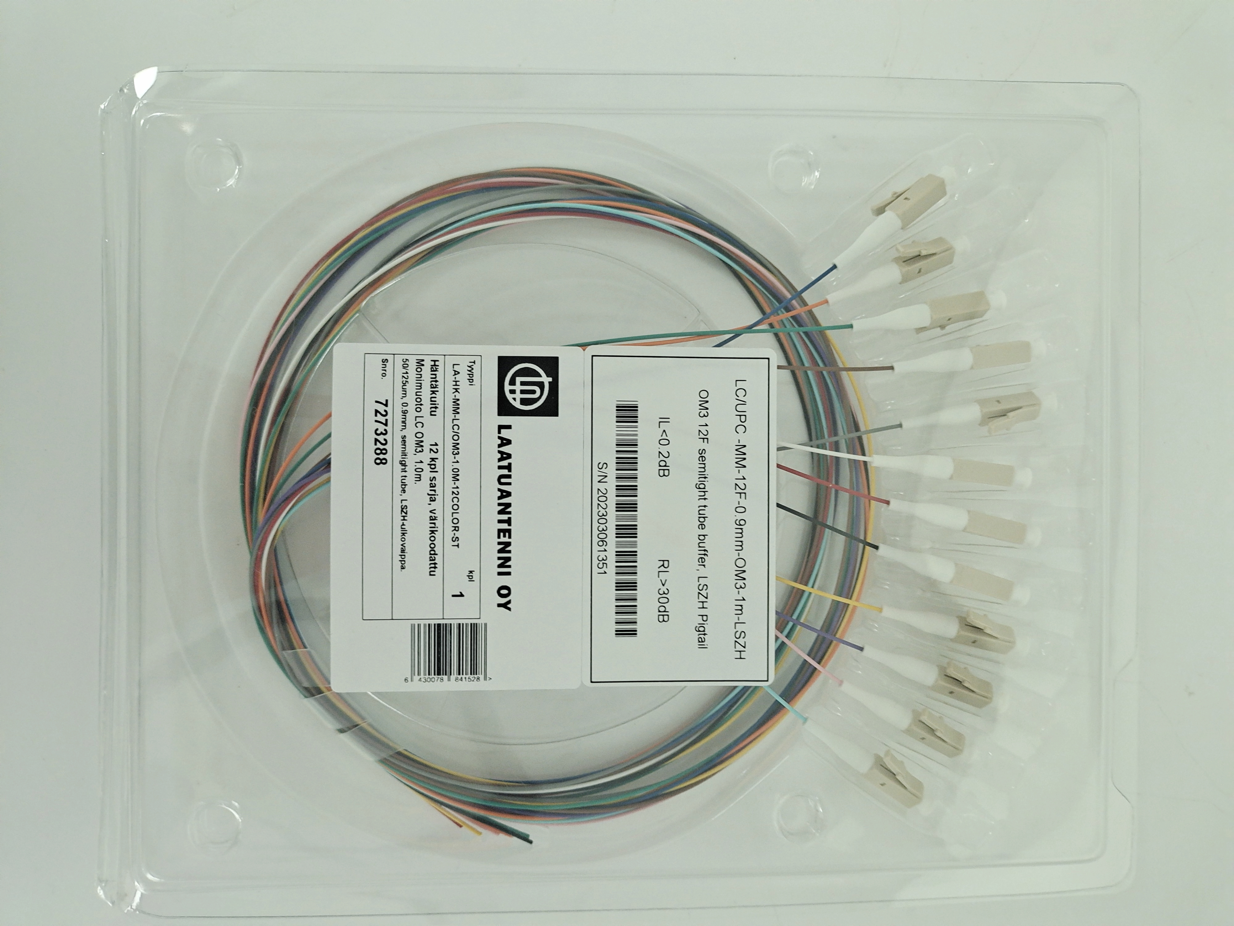 Häntäkuitu(MM)LC/OM3, 50/125um,0.9mm,1m, semitight tube buffer, 12 x värikoodattu