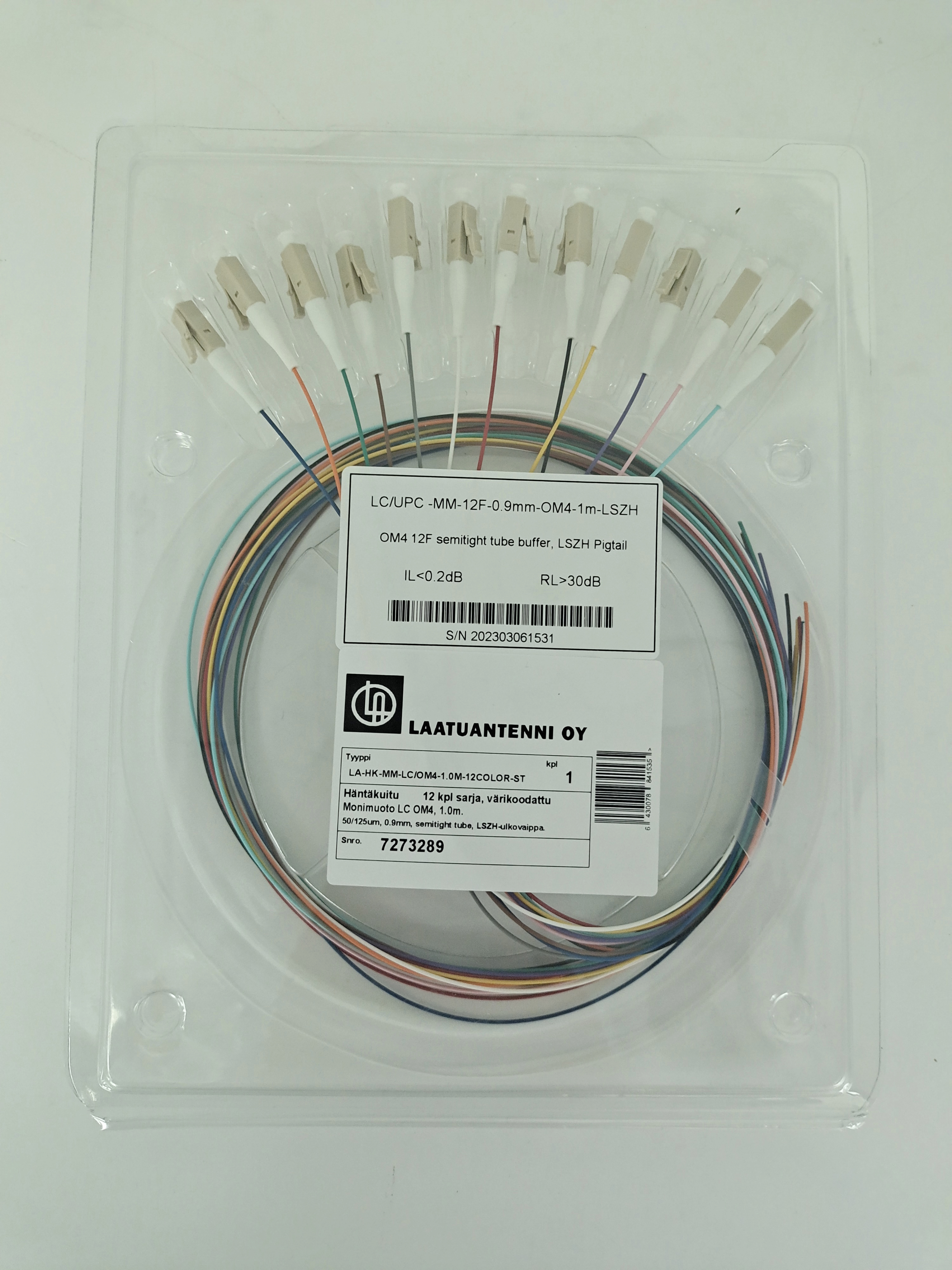 Häntäkuitu(MM)LC/OM4, 50/125um,0.9mm,1m, semitight tube buffer, 12 x värikoodattu