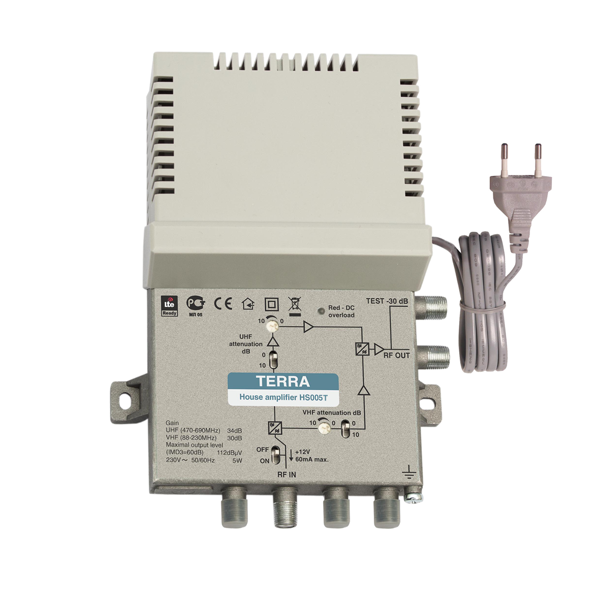 Pientalon laajakaistainen vahvistin, VHF/UHF erikseen säädettävät, 112dBuV, G=14-34dB, mastovahvistimen jännitesyöttö+12V, LTE700