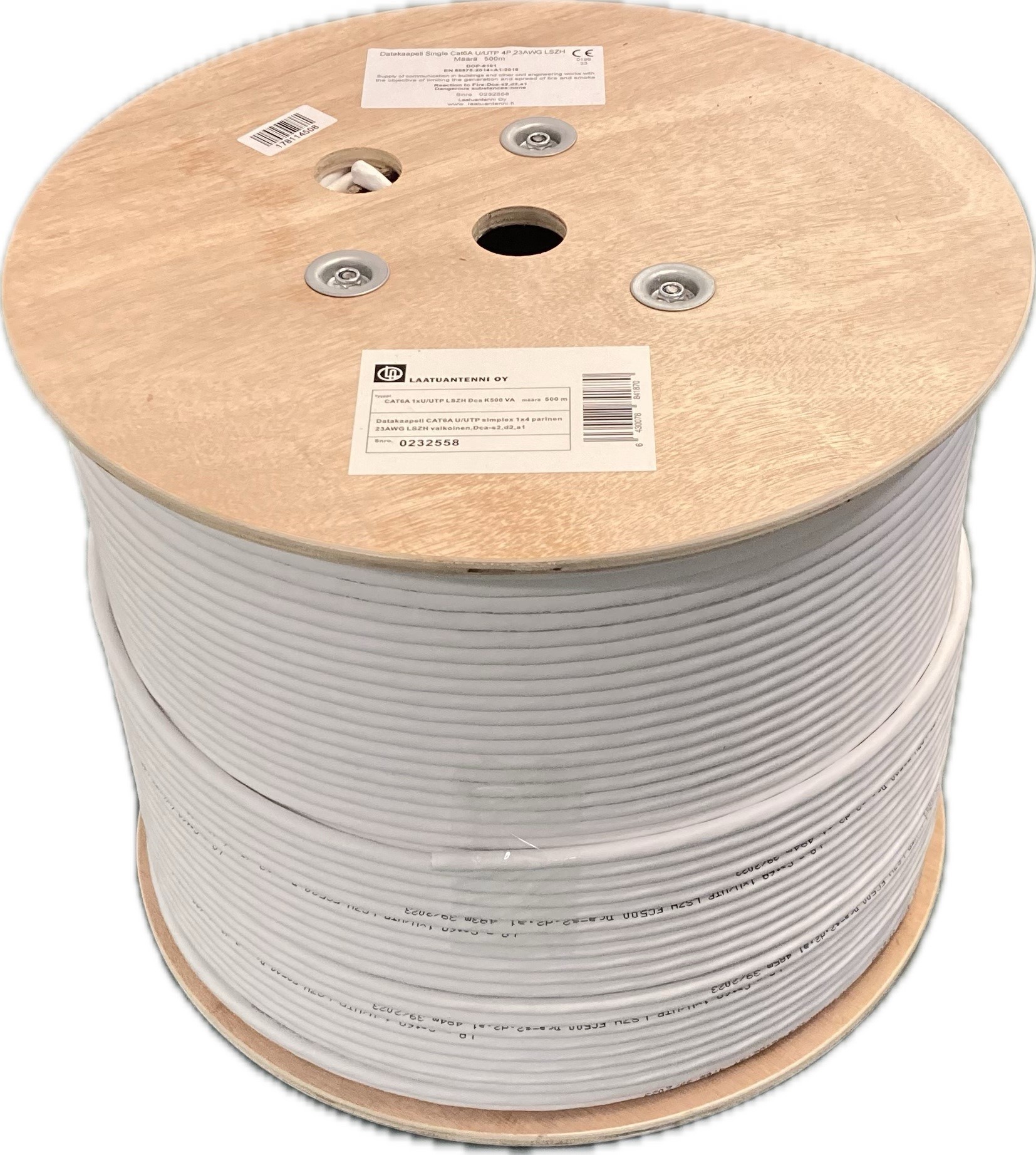 Datakaapeli CAT6A U/UTP simplex 1x4 parinen 23AWG LSZH valkoinen, Dca-s2,d2,a1, 500m kela
