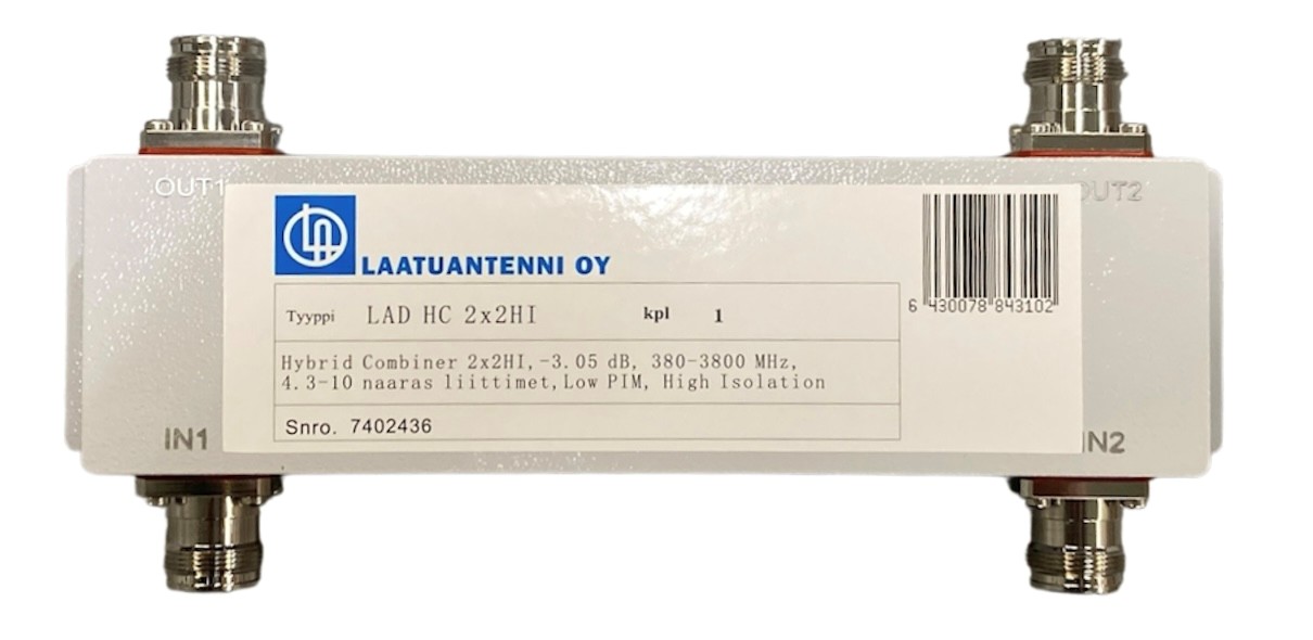 Hybrid Combiner 2x2HI, -3.05 dB, 380-3800 MHz, 4.3-10 naarasliittimet, Low PIM, High Isolation