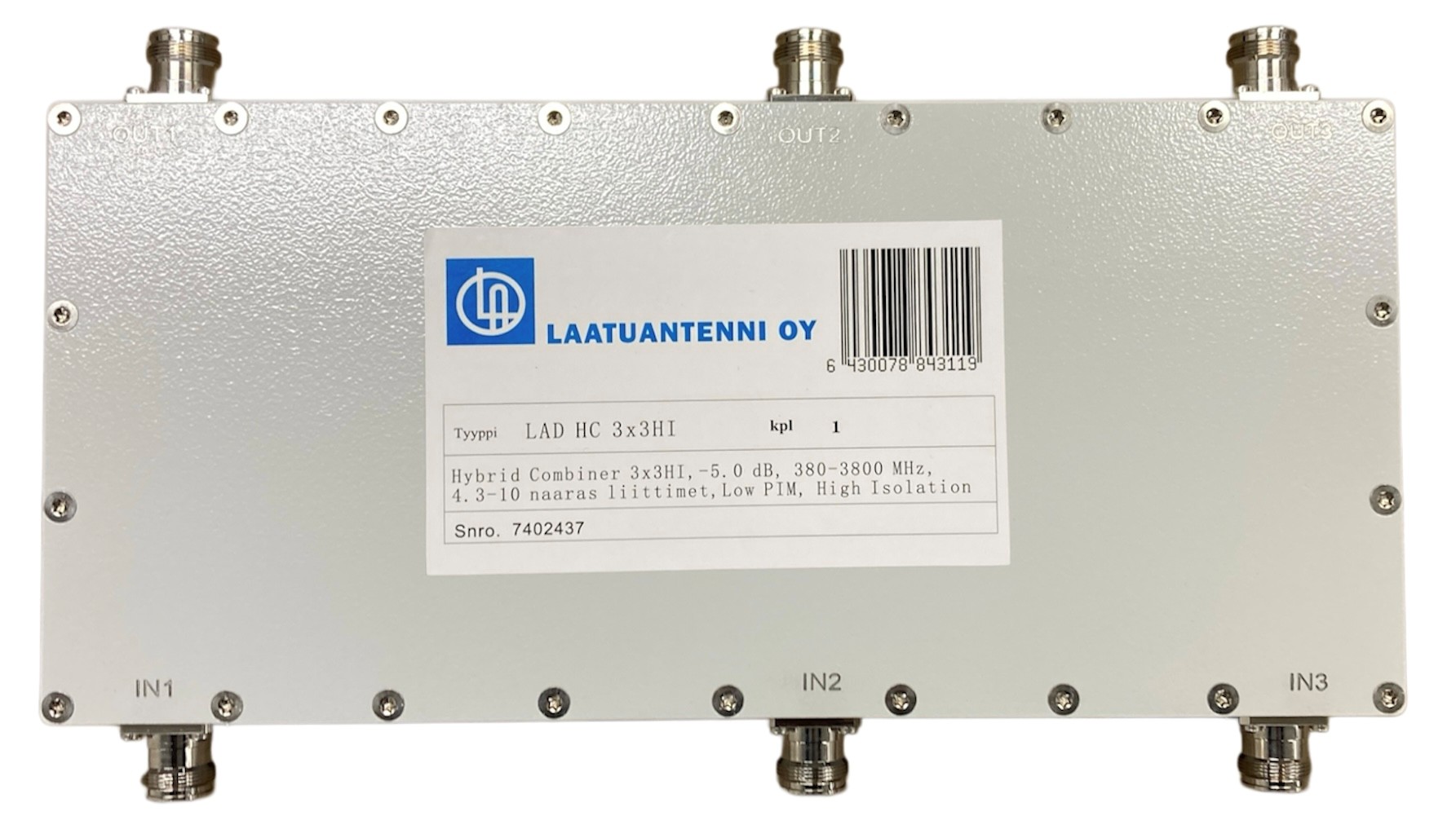 Hybrid Combiner 3X3HI, -5.0 dB, 380-3800 MHz, 4.3-10 naarasliittimet, Low PIM , High Isolation